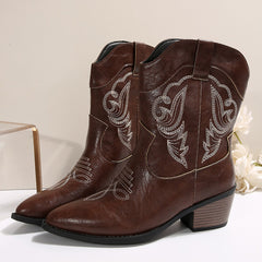 Western Cowboy Embroidered Chunky Heel Versatile Mid-calf Vintage Boots