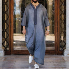 Robe musulmane décontractée et ample en lin et coton gris pour jeune