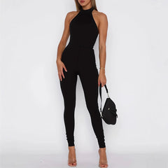 Pantalon-combinaison sexy ajusté pour femme, de couleur unie, dos nu et à encolure américaine