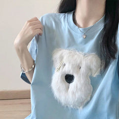 Haut à manches courtes en peluche de coton brodé d’un chiot