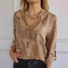 Blouse décontractée à coupe ample, manches longues, imprimé et poche à sequins