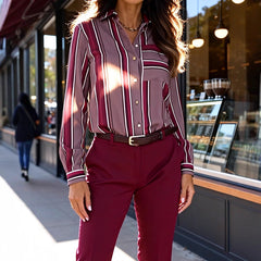 Blouse élégante et sophistiquée à manches longues, à rayures, empiècements et imprimé, pour le travail