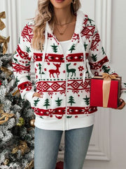 White Drawstring Christmas Element Zip-Up Hooded Jacket Winter Cute Stylish Holiday Outerwear For Her