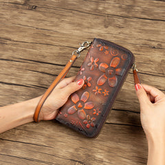 Long Vintage Handcrafted Distressed Zipper Purse Top-Grain Leather Wallet