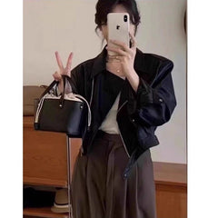 Manteau-veste en cuir rétro à manches longues pour femme