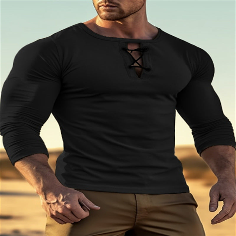 Top de manga larga para hombre, de cuello redondo, color liso y con botones