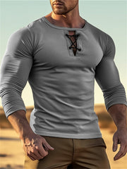 Top de manga larga para hombre, de cuello redondo, color liso y con botones