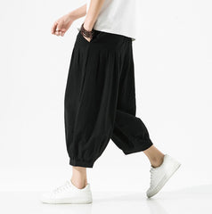 Pantalon décontracté pour homme en coton et lin, coupe large