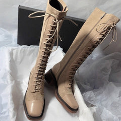 Stitched Round-toe Lace-up High-top Womens Boots