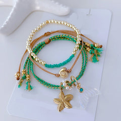 Shell Crystal Green Rice-bead Multi-layer Stacked Bracelet For Women