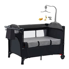 6-in-1 Foldable Baby Crib with Activity Center Diaper Changing Table