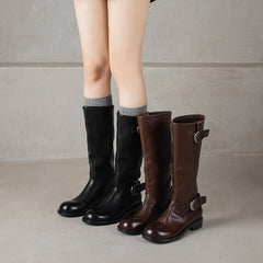 Womens Chunky Low-heeled Leather Round-toe Knee-high Boots