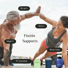 Couple exercising outdoors, highlighting how liposomal fisetin capsules for healthy aging support brain, skin, heart, and muscles.