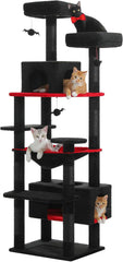 PAWZ Road Large Cat Tree, 72 Inches Gothic Cat Tower for Large Cats, Cat Condo with Sisal-Covered Scratching Posts and Pads, 2 Padded Perch, Dual Condo and Basket for Indoor Cats-Black