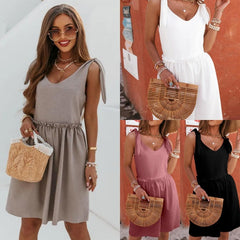 Nouvelle robe d’été sans manches à col en V et couleur unie pour femme