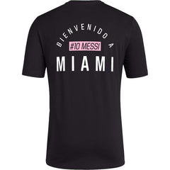 adidas Mens Soccer Messi X Miami Bienvenido a Miami Tee - Classic Relax Fit with Messi Graphic Logo and #10 Available in Black & White (Small Black)