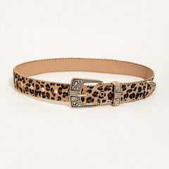 Cinturón retro americano con estampado de leopardo y diseño metálico grabado
