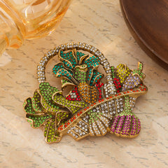 Broche panier de fruits en strass, style vintage patiné, pour la mode industrielle
