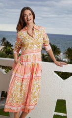 Tea Length Button Front Dress Scroll Print