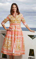Tea Length Button Front Dress Scroll Print