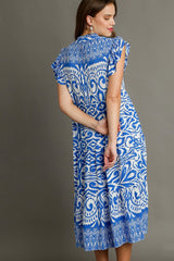 Blue Full Size Two-Tone Print Ruffle Cap Sleeve Midi Dress Plus Size Statement Piece Dress
