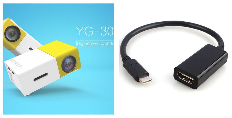 Yellow and white 1080p mini projector alongside a black USB-C to HDMI adapter cable.