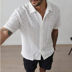 Old Money Style Cuban Collar Hollow Out Knitted Short Sleeve Shirt