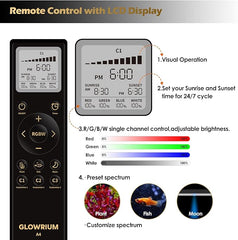 GLOWRIUM LED Aquarium Light with Remote, Full Spectrum Fish Tank Light with Auto Timer, IP67 Waterproof Freshwater Planted Tank Light, Dimmable RGB+W+Moon LEDs with High Performance (9W 12-17in)