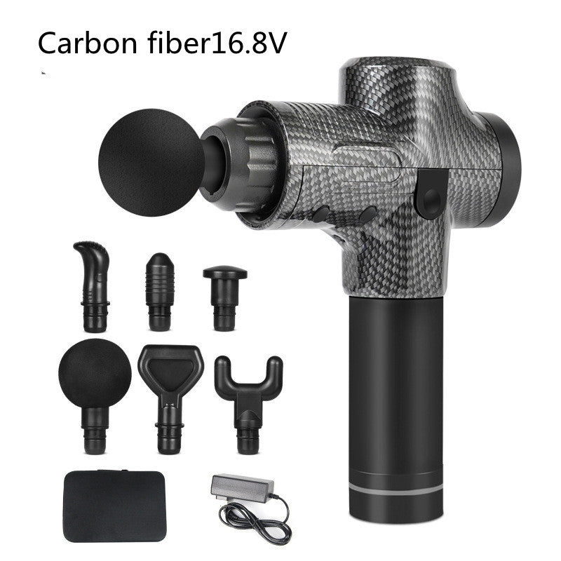 Carbon fiber16.8V electric muscle massage gun with six interchangeable massage heads and charger.