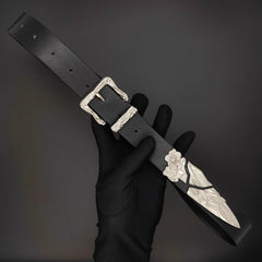 Ceinture rétro en métal de style western avec épée brisée sculptée et motif d'épéiste