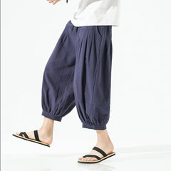 Pantalon décontracté pour homme en coton et lin, coupe large