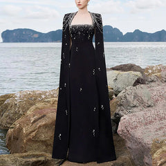 Beaded Lanyard Shawl Sleeve And Floor Long Dress
