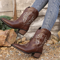 Western Cowboy Embroidered Chunky Heel Versatile Mid-calf Vintage Boots