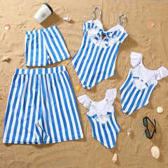Maillot de bain parent-enfant à rayures bleues et blanches