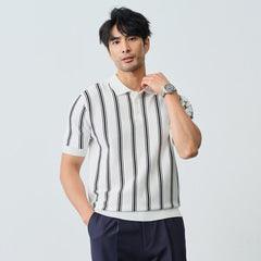 Chemise tricotée rayée pour homme, sans manches, à col à revers