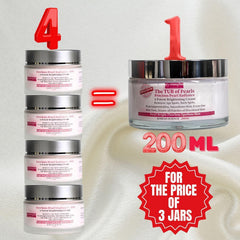 brightening face cream for radiant skin showcased in a large 200ML jar with comparison to smaller jars on soft fabric background.