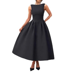 Vestido de mujer sin mangas, de color liso, con aberturas y cintura fruncida