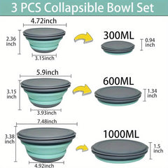 3 Foldable Silicone Camping Bowls with Lids – Blue & Pink