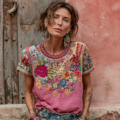 Womens Retro Printed Patchwork Crew-Neck Top