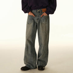 Jean décontracté pour homme, style américain vintage, délavé, à empiècements, réversible