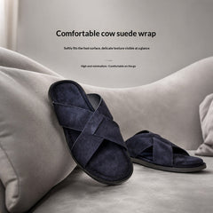 Mens Suede Slippers Summer Outdoor Cross-Strap Sandals