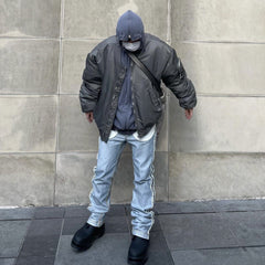 American-style High-street Loose-fit Solid-color Streetwear Bomber Jacket