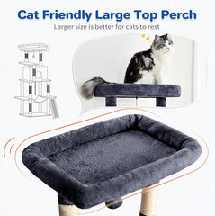 Cat Tree Tower 63in Multi-Level Cat Tower for Indoor Cats with Sisal Scratching Posts, Condo, Hammock, Dangling Ball and Extended Platform for Cats to Play, Dark Grey