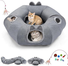 Odoland Summer Linen Cat Tunnels for Indoor Cats with Cooling Central Cat Bed, Interactive Cat Toys Detachable Soft Mat and Variety Kitty Toy Set Grey
