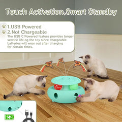 Cat Toys,3-in-1 Interactive Cat Toys for Indoor Cats,Rechargeable Automatic Interactive Cat Toy with Fluttering Butterfly,Smart Sensor 6 Holes Mice Whack-A-Mole and Track Balls,Blue