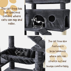 Cat Tree, 80-Inch Large Cat Tower with 9 Scratching Posts, 2 Perches, 2 Caves, 2 Basket, 2 Stairs, Extra Large Hammock, Pompoms, Multi-Level Plush Cat Condo for Indoor Cats/Smoky Grey