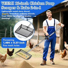 12 Inch Chicken Poop Scooper & Rake 2-in-1, Large Metal Shovel Head, Rubber Handle Stainless Steel Chicken Litter Scoop for Chicken Coops, Litter Screening Scoop (35 to 65in) US Patent Pending (Black)