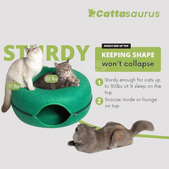 CATTASAURUS Peekaboo Cat Cave for Multiple & Large Cats Up to 30-45 Lbs, Scratch Detachable & Washable Tunnel Bed, Comfy Donut Cat Cave (Forest Green, Large)