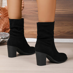 Womens Fashionable Plus-size Suede Chunky-heel Boots