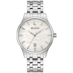 Bulova Ladies Classic Diamond Dial Stainless Steel 3-Hand Calendar Date Quartz Watch White Mother-of-Pearl Style: 96P220